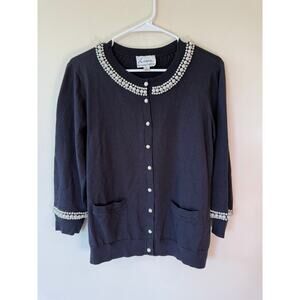 Linea by Louis Dell'Olio Black Cardigan with Pearls Size Medium Preppy classic